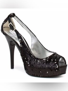 GUESS Flip Sequin Color Change Peep Toe Platform Heels Black Sparkly Evening 7.5